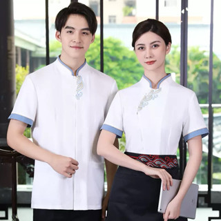 工作服訂制 服務生工作服 廚師服保潔服飲料店工作服 可以印logo 短袖餐飲酒店服裝 中餐廳火鍋店制服 男女服務員衣服