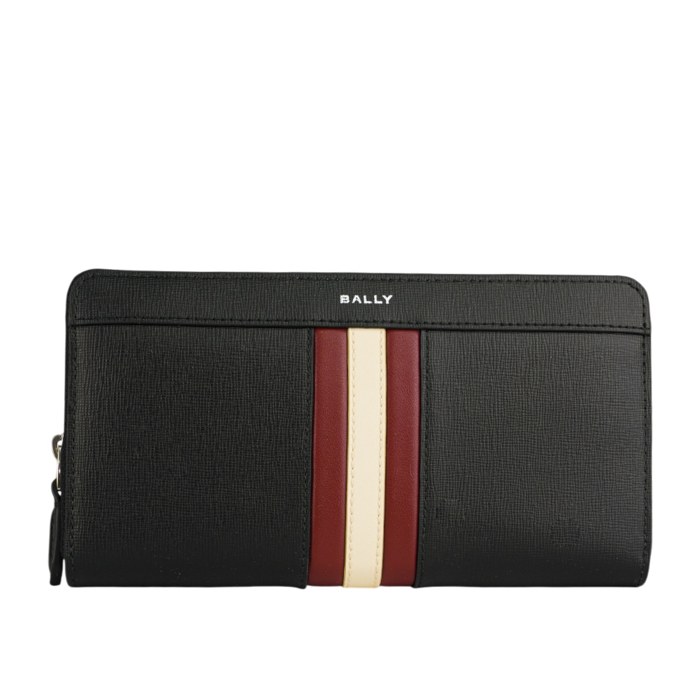 BALLY Mythos 紅白條紋再生牛皮ㄇ形拉鍊長夾(黑色) 6308575