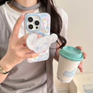 可愛 藍底滿屏玉桂狗 配搖搖樂磁吸支架 全包防摔保護套 適用iPhone 16 Pro Max 15 14 13 手機殼