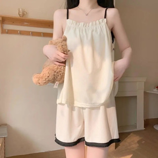 【簡美麗人】女士睡衣 高顏值冰絲睡衣 少女夏季居家服 薄款簡約甜美吊帶兩件套 小個子夏天家居服 女士睡衣套裝