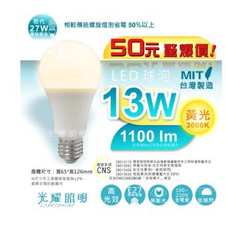 【光耀照明】 特優惠 50元 LED E27 燈泡 球泡 13W 黃光 取代螺旋27W 無藍光 (另有E27燈泡賣場)