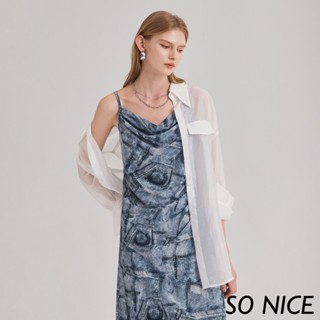 SO NICE【特惠】牛仔印花抽皺合身網布洋裝｜都會時尚女裝 【29434009】
