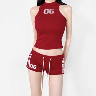 🔥臺灣出貨🔥2025女夏季歐美風新款女裝網球少女低腰抽繩運動短褲包臀闊腿熱褲 吊帶背心 短款燙鑽字母無袖T恤辣妹運動上衣