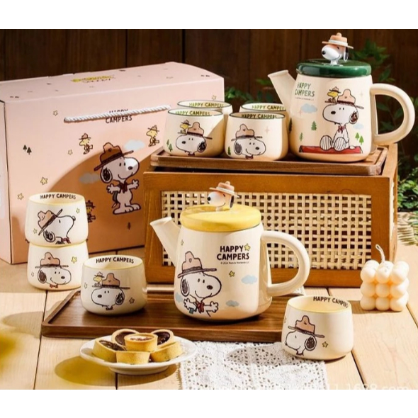 全新 超可愛史努比茶具組 1茶壺+4個杯子+木製托盤 Snoopy禮盒裝茶具禮盒套裝 陶瓷杯居家送禮 新家入厝新婚禮物