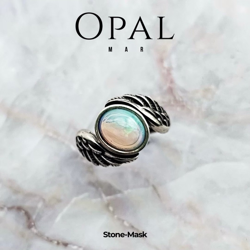 石鬼面🔅天然 白歐泊 彩光 歐泊石 水晶 蛋型 復古 翅膀 純銀戒 Opal-125