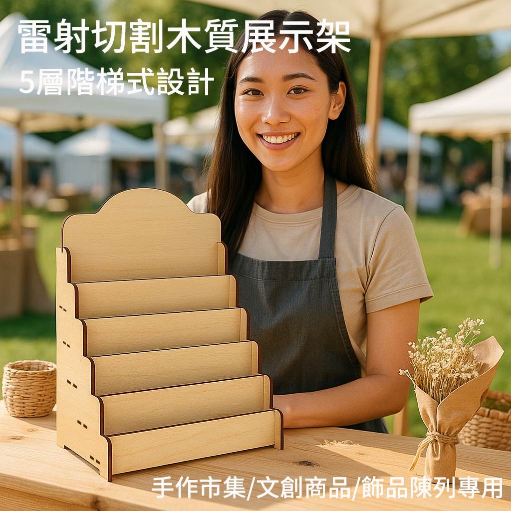 【天藍本舖】雷射切割木質展示架｜5層階梯式設計｜明信片展示 | 書籍展示 | 飾品展示 | 手作市集/文創商品/飾品陳列