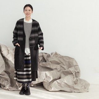 【MOSS CLUB】條紋變化無領長版西裝長袖外套 黑