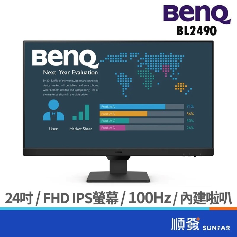 BENQ 明基 24吋 BL2490 光智慧螢幕 顯示器 護眼電腦螢幕 FHD/IPS/100Hz/含喇叭 廠商直送