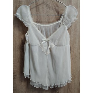 全新免運 女上衣 睡衣 純白 伸縮 Size M 緞帶 蕾絲 滾邊