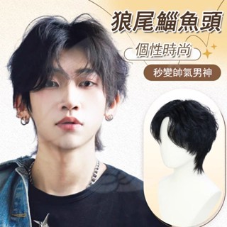 【透氣舒適】狼尾假髮 男 全頭套式 自然真髮 長髮男生 鯔魚頭 微分紋理燙 男士假髮套