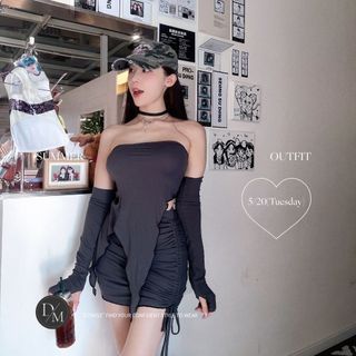 【黑曜曲線】DOMISS自訂-不規則開衩手袖設計+平口背心+短裙三件套洋裝(現貨)