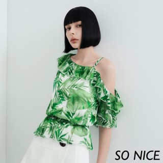 SO NICE【特惠】叢林印花斜肩雪紡上衣｜都會時尚女裝【65331028】