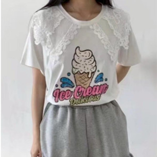 預購款𖤐兔子魚║8007 冰淇淋T 甜筒T 網紗T 做舊T 復古T 大翻領 大版T 大尺碼 短袖T恤 短袖上衣 女上衣
