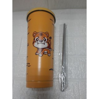 平安虎環保冰霸杯 。附不鏽鋼吸管。清潔刷。內層304不鏽鋼。750cc。