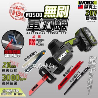WORX 威克士 WU500 無刷軍刀鋸 20V 軍刀鋸 往復鋸 電纜 管道 水電 軍刀 單手操作 26mm大行程