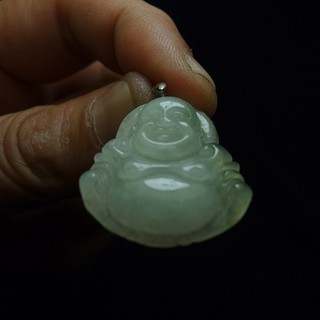 《A貨翡翠》緬甸玉冰種泛光白底淡花青玉墜/翡翠/精雕彌勒佛/項鍊/玉墜子/27