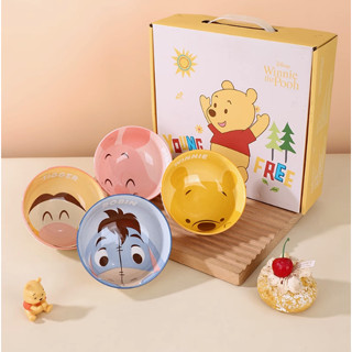 【Joybuy】迪士尼小熊維尼條紋陶瓷碗米飯碗4件套禮盒家用廚具餐具聖誕節禮物交換禮物生日禮物情人節禮物