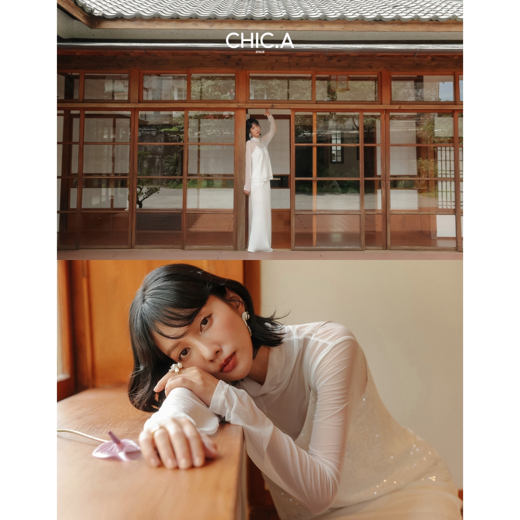 CHIC A SPACE 高領透膚長袖上衣細肩帶背心套裝(白/咖啡) 女裝 現貨 氣質 高級感