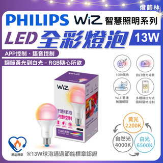 【燈飾林】飛利浦 Wiz智能系列 LED 全綵燈泡 13W 智能燈泡 智慧 球泡 App 語音 wifi RGB燈 遠端