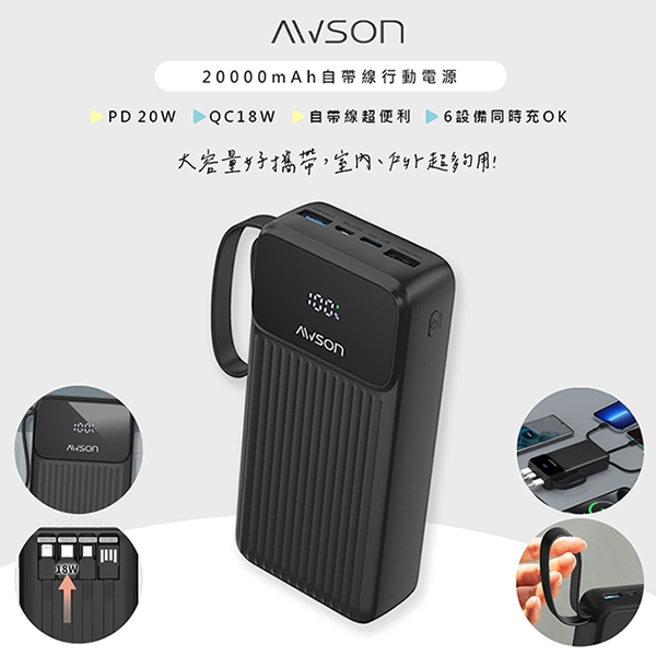 【有標示Wh】AWSON 超能充20000mAh PD快充行動電源 自帶線 QC快充 數字顯示 行充 大容量行動電源
