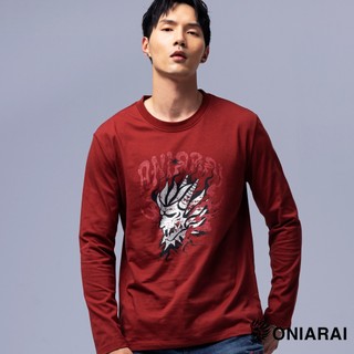 BLUE WAY 鬼洗 ONIARAI - 男款 潮流街頭火焰鬼頭薄長TEE(暗紅)