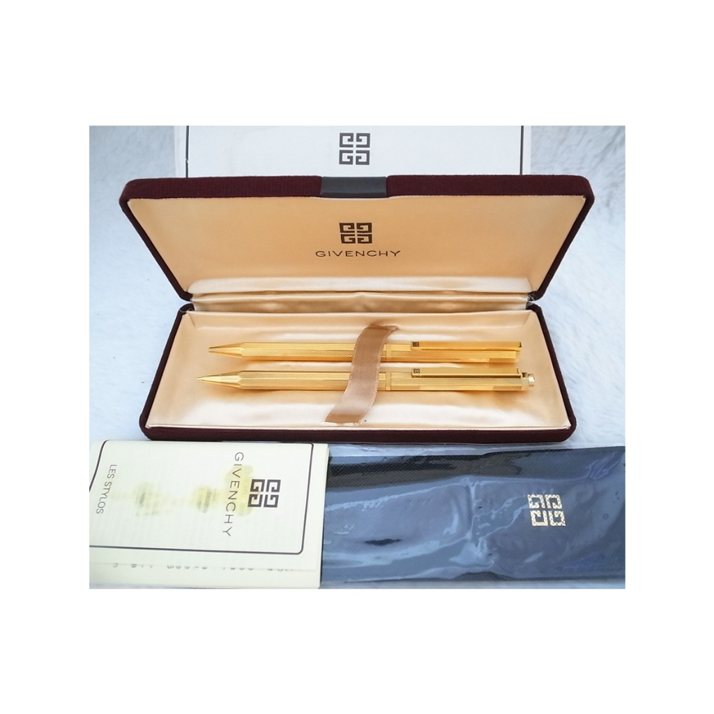 w285-060 法國紀梵希 18k包金大麥紋高級原子筆＋0.5mm自動鉛筆對筆（9.5成新、原廠盒裝）