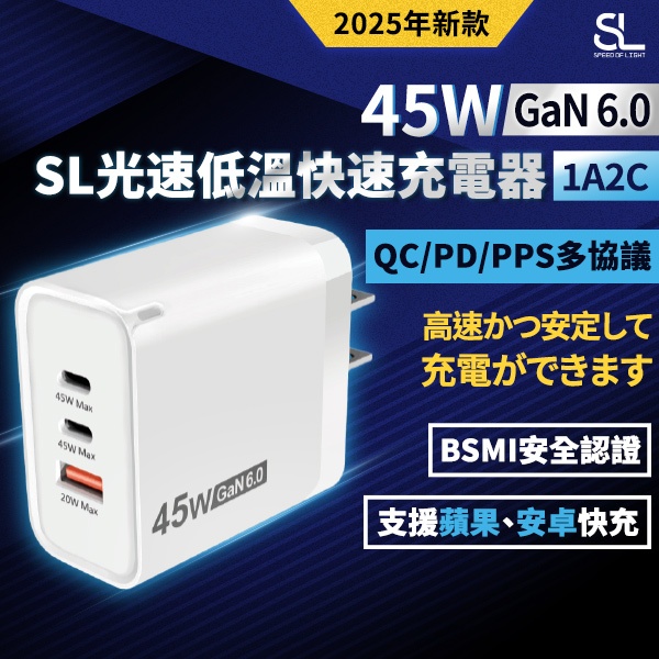 SL光速GaN6.0 45W低溫快速充電器(1A2C) 蘋果/三星 PD快充協議 氮化鎵充電頭 Type-C手機豆腐頭
