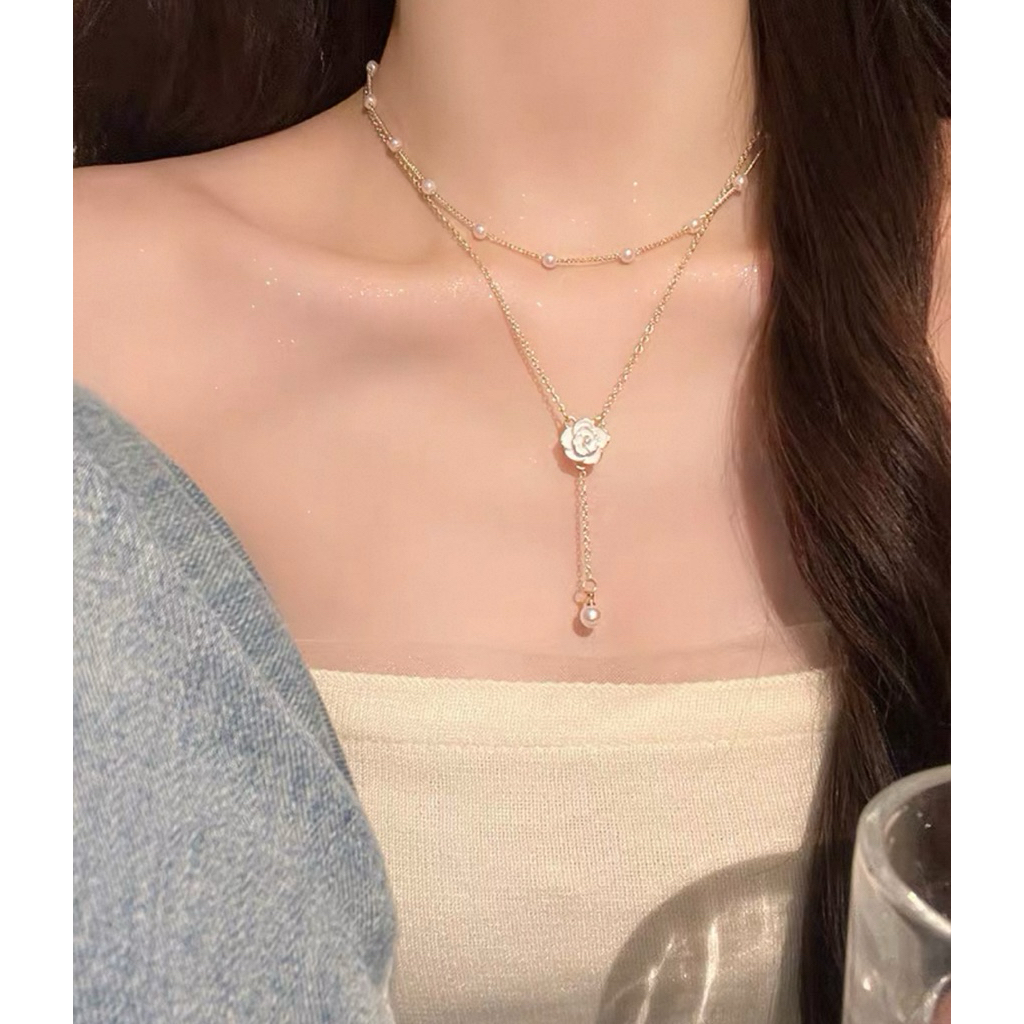 ✨MENDY 💕台灣現貨 當日寄出💕小眾設計感 氣質百搭 雙層珍珠流蘇+山茶花項鍊
