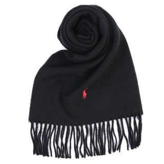POLO Ralph Lauren刺繡小馬雙側流蘇羊毛圍巾(黑色)780933｜GoBrand購名牌