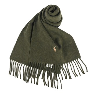 POLO Ralph Lauren刺繡小馬雙側流蘇羊毛圍巾(橄欖綠)780933-6｜GoBrand購名牌