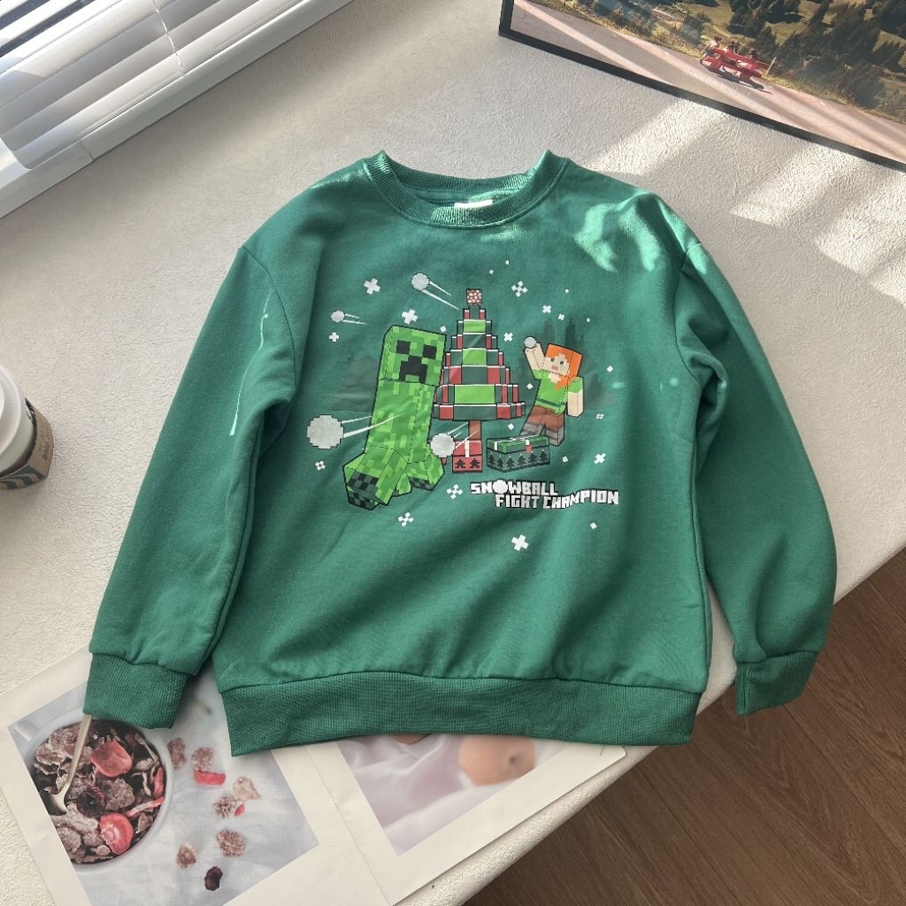 25年新款現貨💖minecraft麥塊 聖誕 苦力怕 卡通動漫 兒童秋冬薄絨長袖上衣 搭配長褲套裝 120-150cm