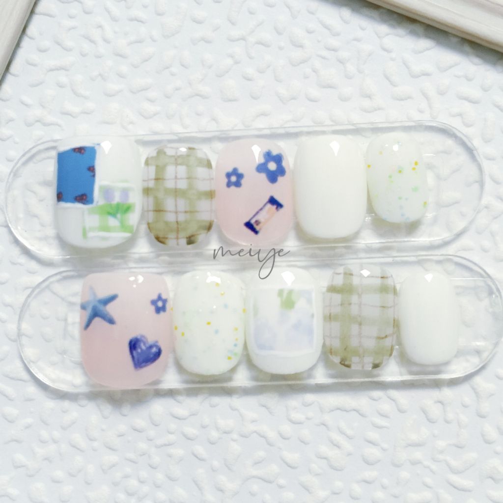 🧸【小花格紋穿戴美甲】可愛日常款｜減齡不幼稚｜免照燈｜送果凍膠