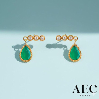 AEC PARIS 巴黎品牌 白鑽綠瑪瑙耳環 金色小水滴耳環 STUDS ROMA