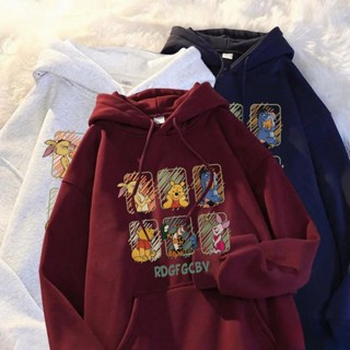 酒紅色帽t 小熊維尼 帽t 衛衣 寬鬆 帽踢 連帽衫 長袖 重磅大學t 刷毛 oversize 大尺碼上衣 秋冬女裝