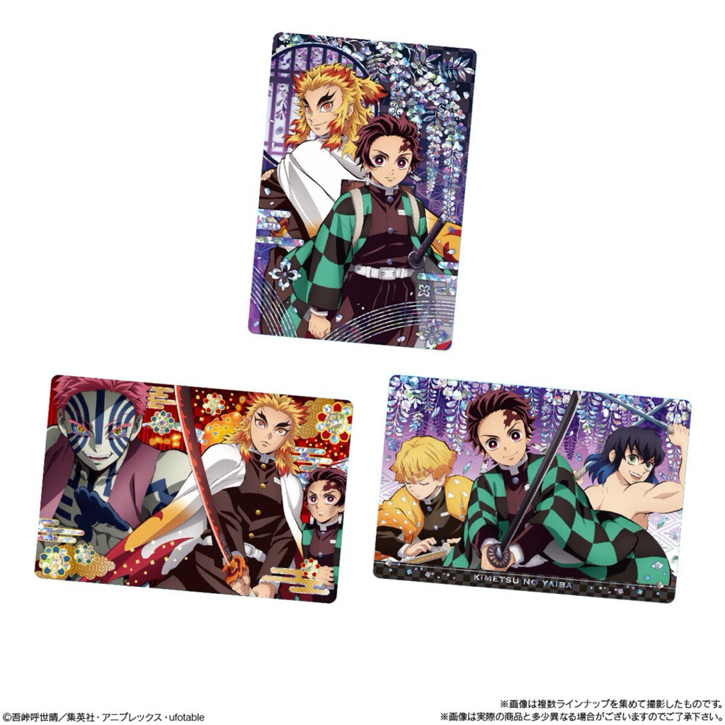 萬代 【鬼滅の刃】食玩卡4。32炭治郎＆杏寿郎。33猗窩座。煉獄杏寿郎。竈門炭治郎。34我妻善逸。竈門炭治郎。嘴平伊之助