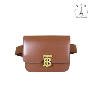 【巴黎站二手名牌專賣店】＊現貨＊BURBERRY 真品＊棕色亮面小牛皮金色TB釦迷你腰包