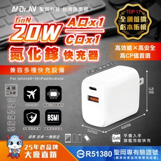 GaN氮化鎵 PD快充頭｜20W 雙孔｜Type-C USB充電器｜台灣檢驗合格 ｜高效能高CP值｜ 聖岡科技