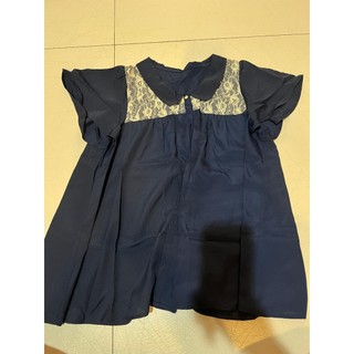 OLIVE des OLIVE 日本專櫃正品 深藍色 蕾絲拼接雪紡短袖襯衫