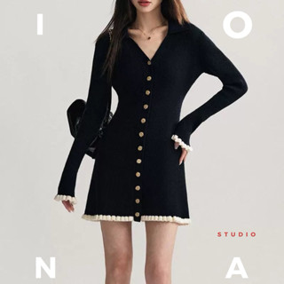 IONA 【現貨⚡️隔日到貨】實拍法式復古 撞色木耳邊翻領針織裙 質感金釦長袖連身裙 修身顯瘦黑色洋裝 氣質小香風