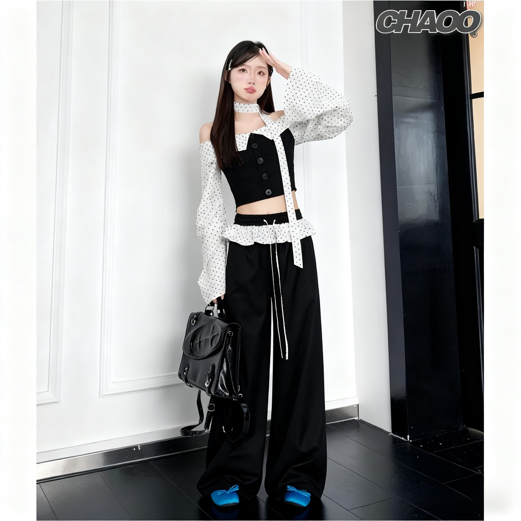 不火沒道理 黑白波點上衣+休閒褲 兩件套 長袖上衣 一字肩上衣 波點上衣 個性上衣 褲子 運動長褲 休閒褲 日系穿搭