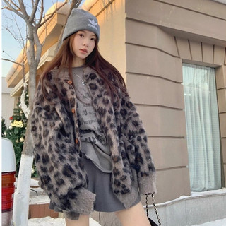 免運 臺灣出貨 冬季毛衣女 美式複古風寬鬆豹紋提花毛衣外套女2025秋冬加厚時尚百搭慵懶風針織開衫外套