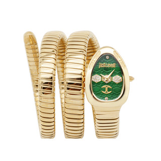 Just Cavalli | 金色系 綠面蛇紋理 晶鑽刻度 獨特蛇形不鏽鋼錶帶 JC1L232M0035