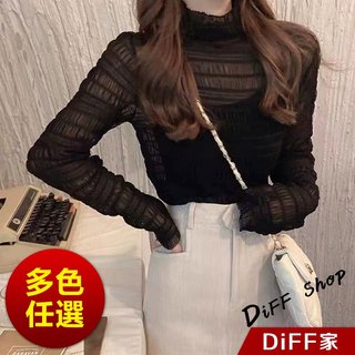 【DIFF】韓版氣質顯瘦半高領褶皺蕾絲網紗長袖上衣 疊穿 透視上衣 微透上衣 衣服 冬天女裝 秋冬女裝【W405】