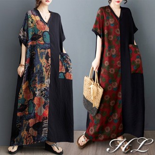 HL中大尺碼【25060056】清新V領花朵撞色單口袋短袖洋裝 2色