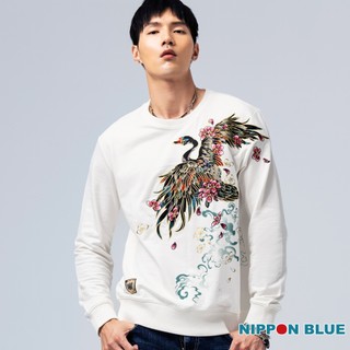 BLUE WAY 日本藍 - 男款 金標日本藍黑天鵝繡花長TEE(白)