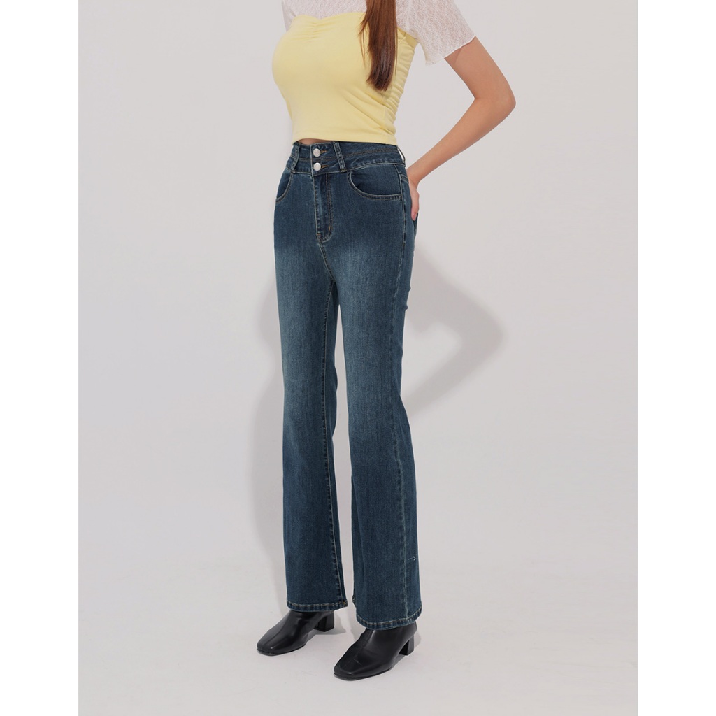 AIR SPACE 復古刷色高腰雙扣小喇叭牛仔褲(深藍/深灰) 女裝 現貨