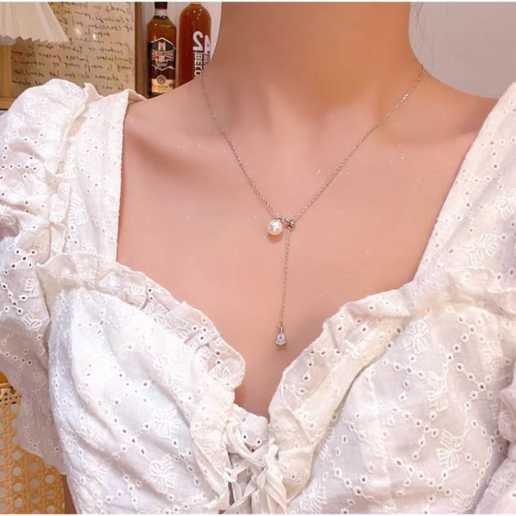 ✨MENDY 💕台灣現貨 當日寄出💕氣質百搭 人魚之淚珍珠抽繩項鍊 長款鋯石吊墜項鍊