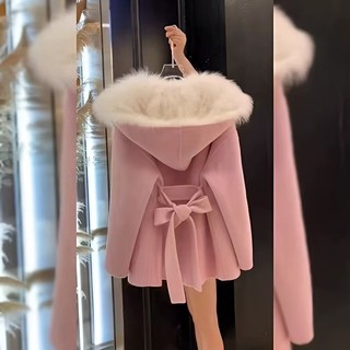 【冬天大衣女】小香風高端輕薄短款小個子毛毛領粉色連帽短外套女秋冬季外套 小香風外套 短版外套 6666