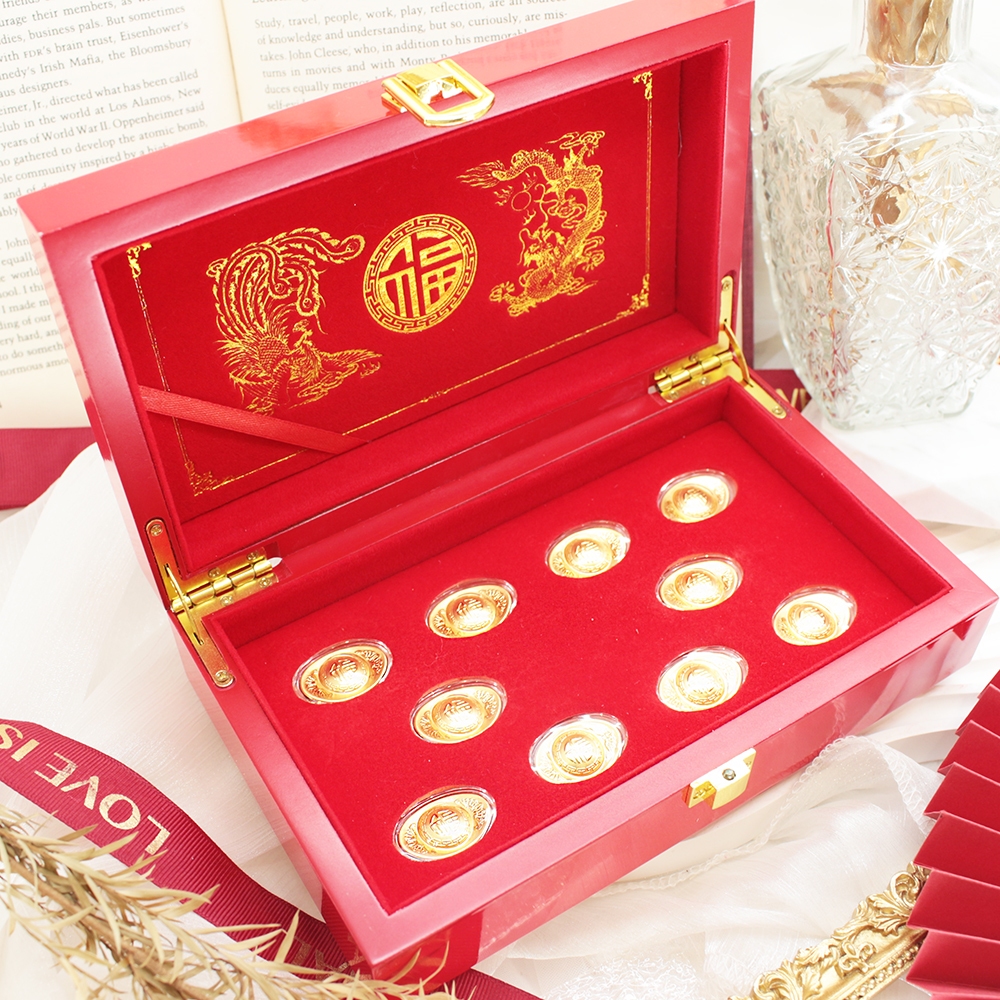 純金9999 2克 金元寶10入組 黃金禮盒 寶箱 結婚 擺件 送禮 迎鶴金品 Z-