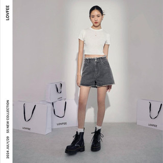 LOVFEE/全新—2420003LOVE FIT 抽鬚開衩牛仔短褲//黑灰S$400